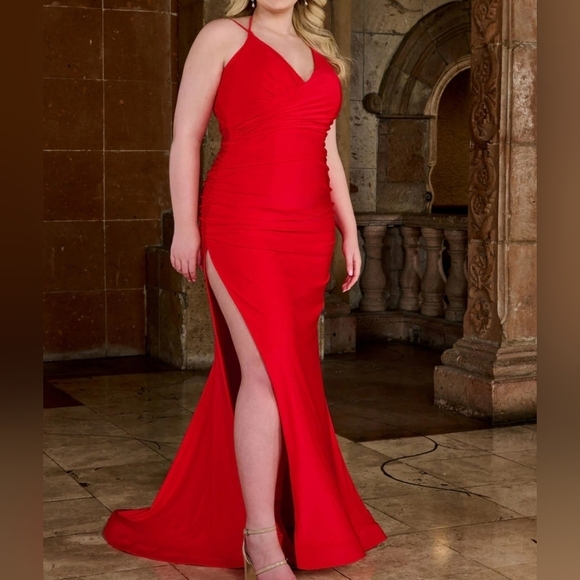 Rachel Allan 70289W red ruched beaded tie v-neck slit prom formal pageant dress - Picture 2 of 5